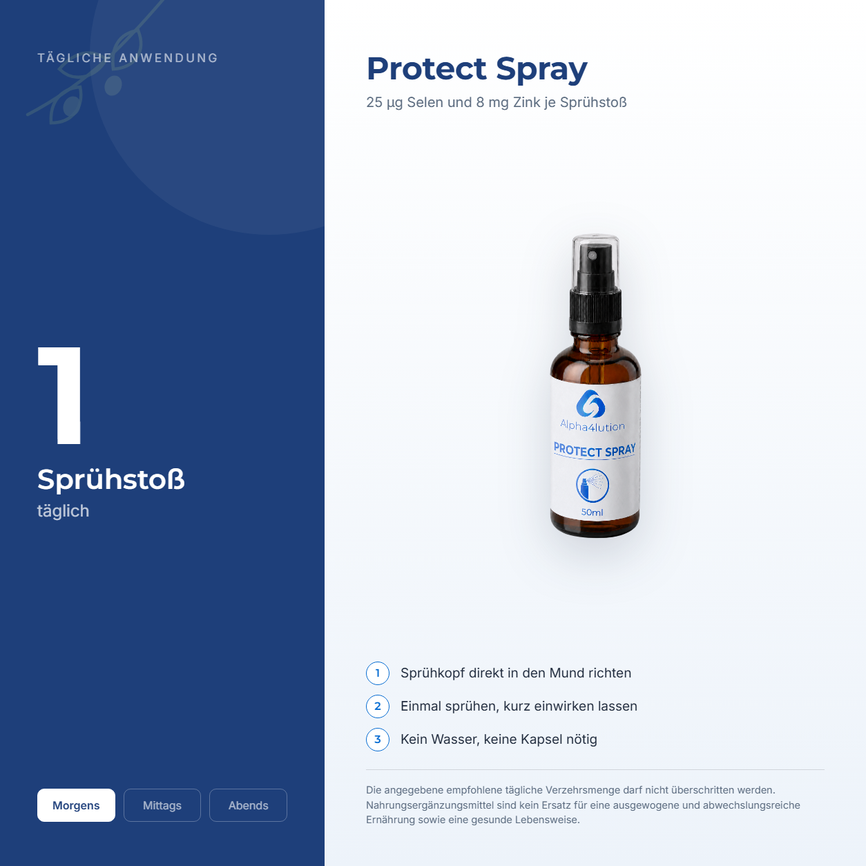 Anwendung des Protect Spray: täglich ein Sprühstoß in den Mund